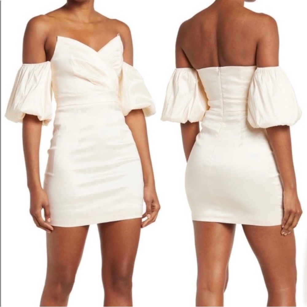 NWT DO+BE Off Shoulder Puff‎ Sleeve Sweetheart Cut Mini Dress Ivory White Large